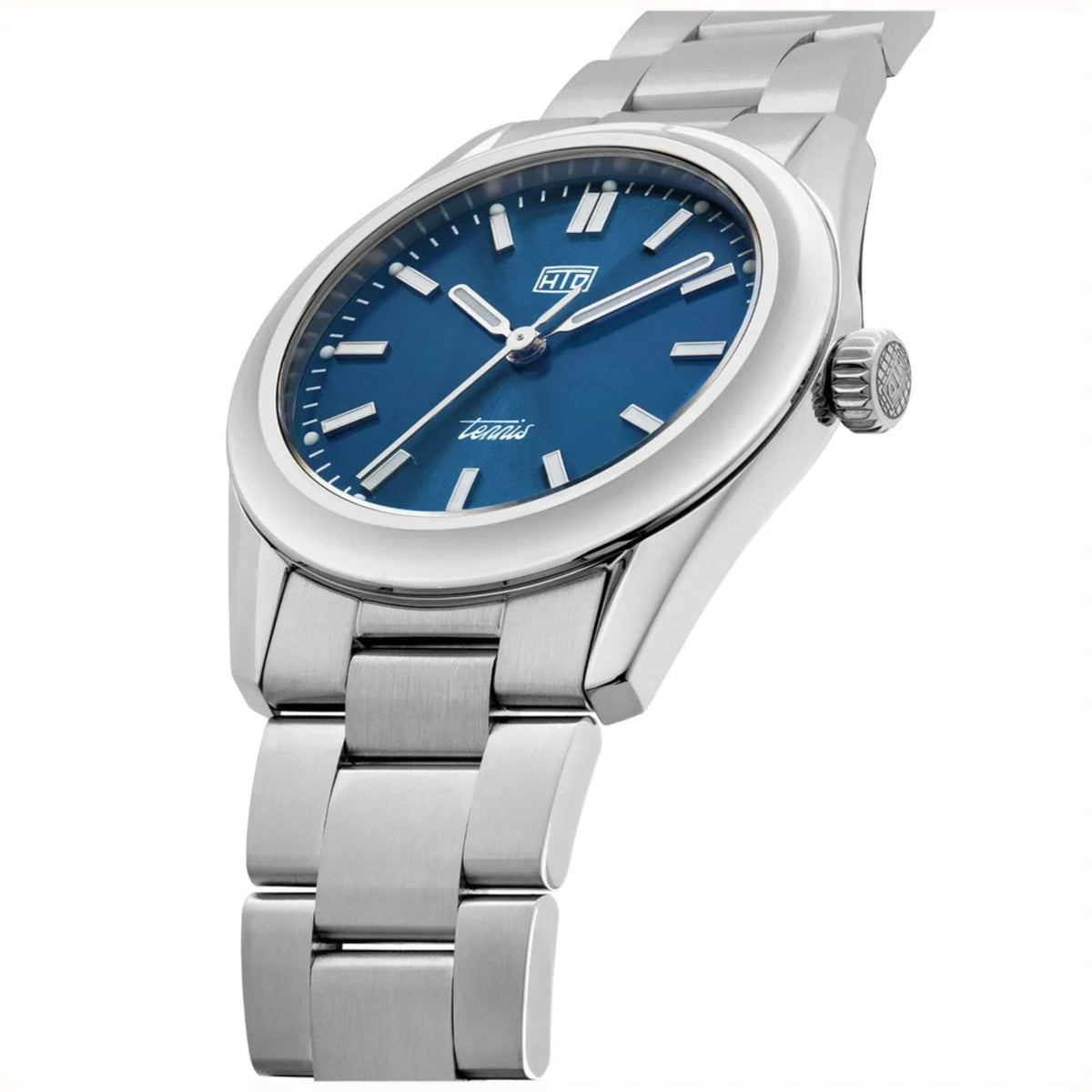 Blue dial automatic sports watch with stainless steel bracelet and crown detail