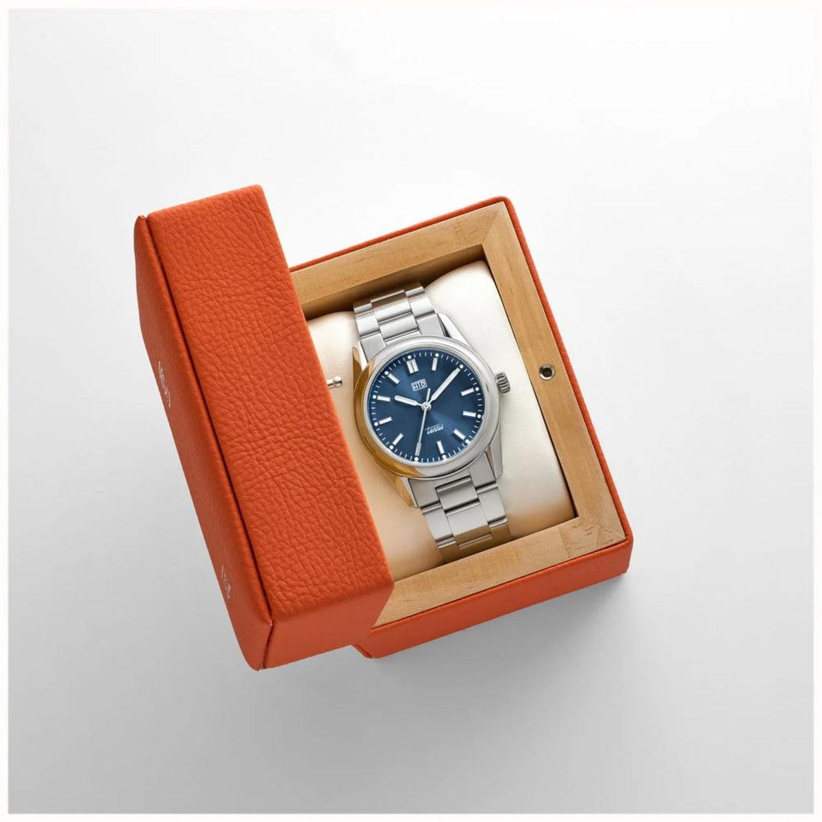 Automatic sports watch in gift box with blue dial and stainless steel bracelet