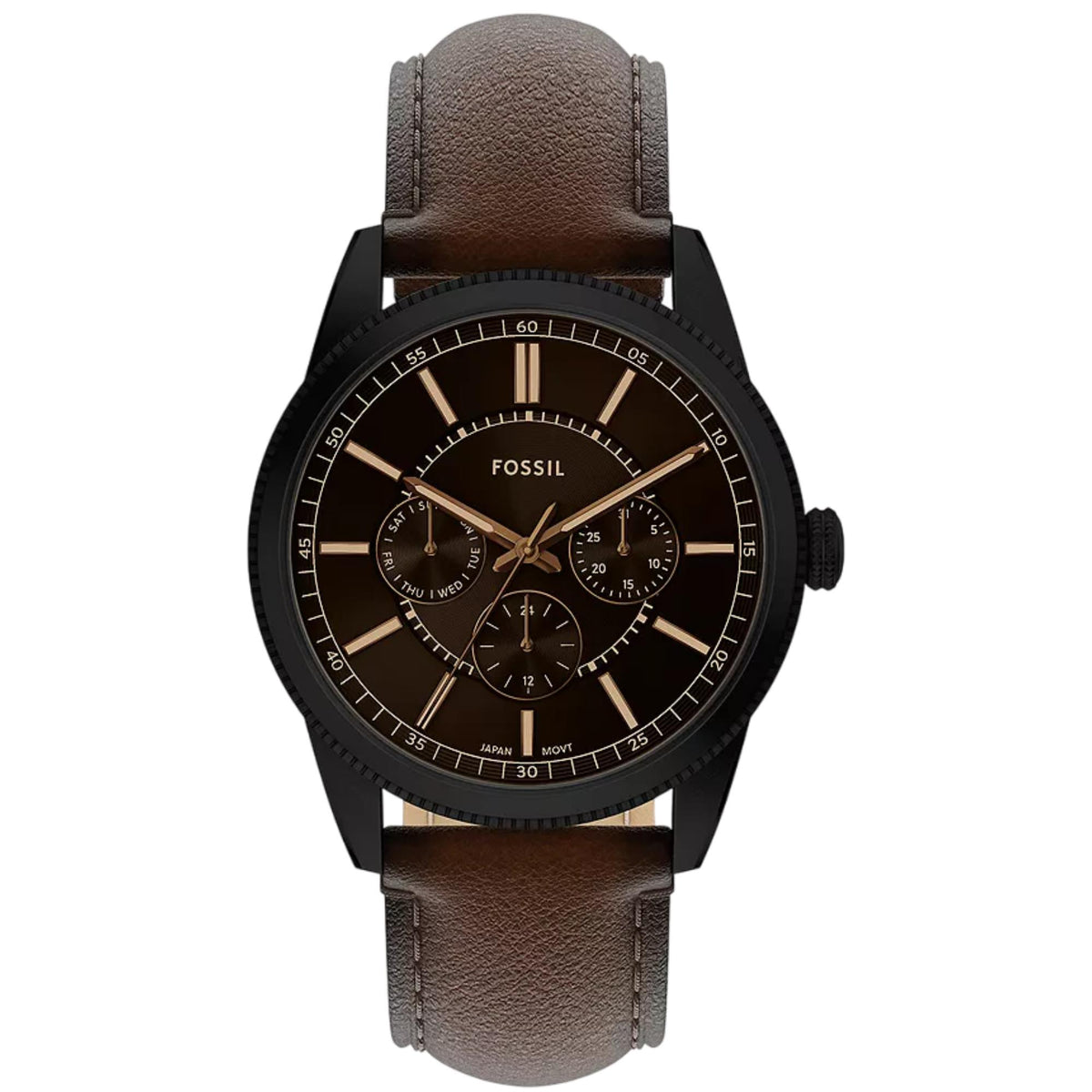 Front view of the Fossil Pearson FS6138 chronograph watch featuring a black dial, gold-tone indices, sub-dials, and a brown leather strap