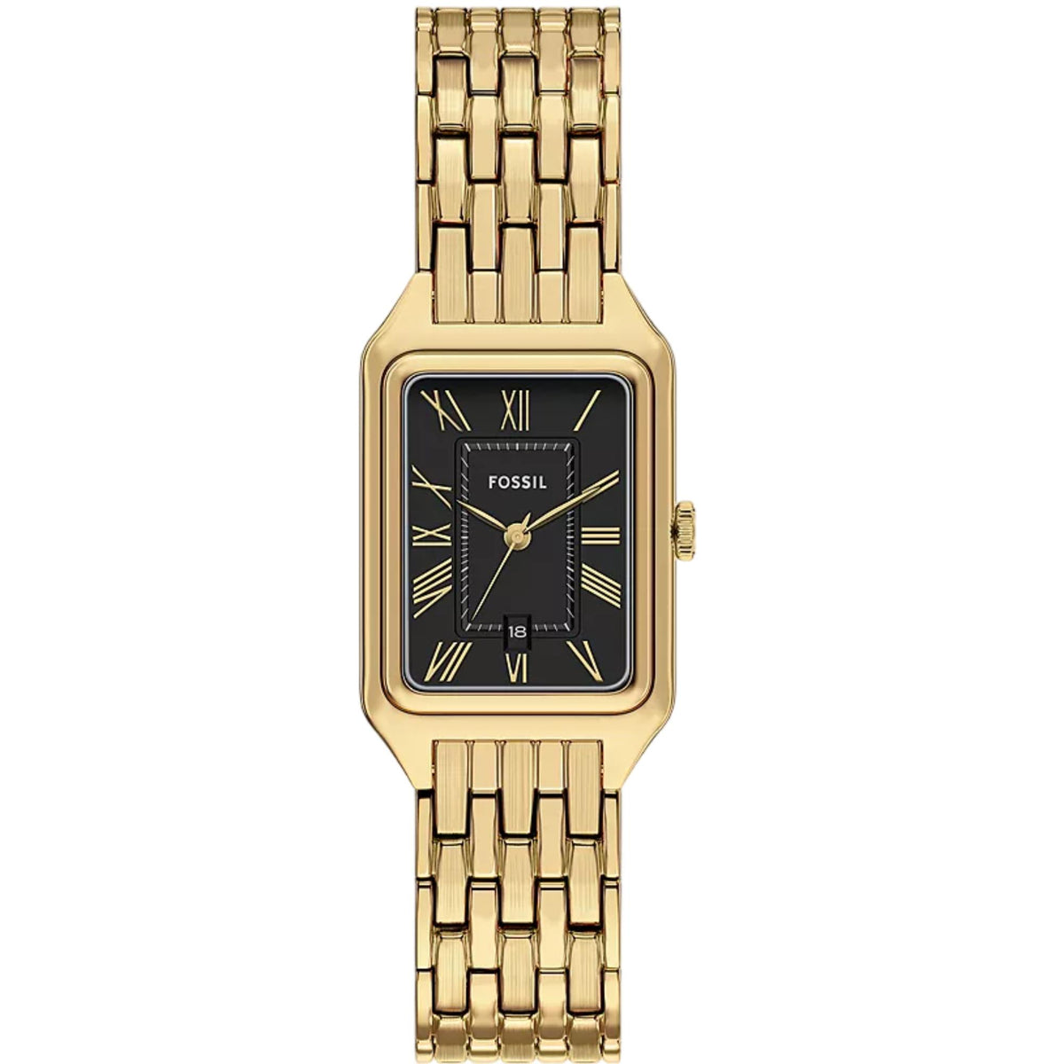 Front view of the Fossil Raquel ES5434 ladies watch featuring a black dial, gold-tone Roman numerals, and a gold-tone steel link bracelet