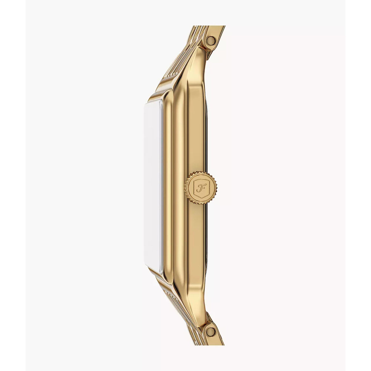 Side profile of the Fossil Raquel ES5434 watch highlighting the slim gold-tone case and textured crown with signature detailing