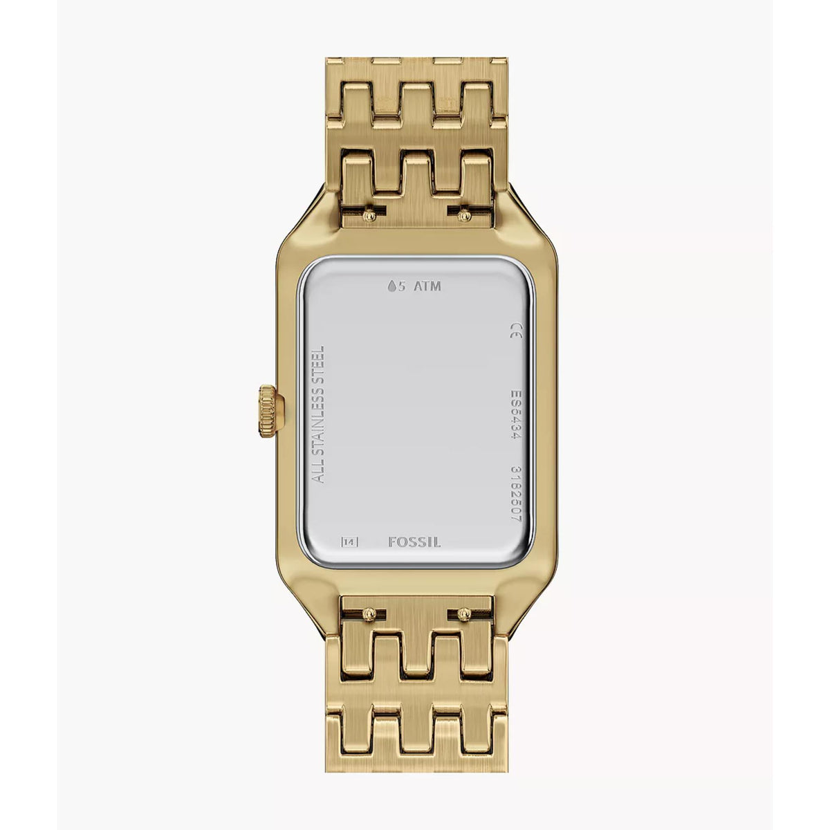 Back view of the Fossil Raquel ES5434 timepiece displaying the stainless steel case back and gold-tone lug design