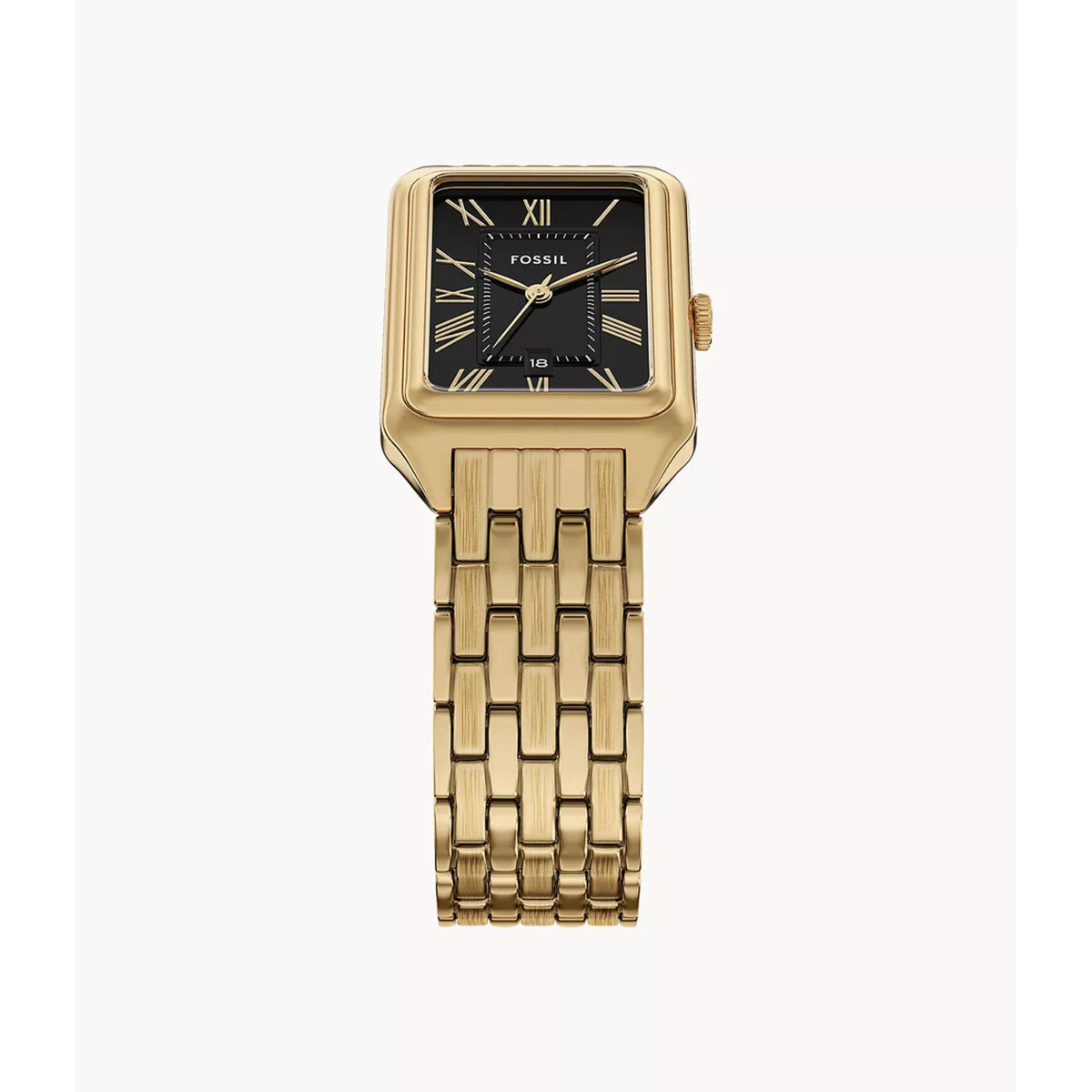 Angled front view detailing the black dial display, date aperture, and brushed gold-tone finish on the Fossil Raquel ES5434 quartz watch