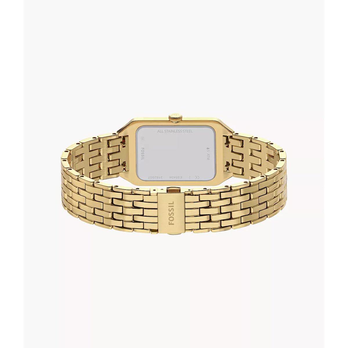 Rear perspective shot of the Fossil Raquel ES5434 displaying the complete gold-tone stainless steel bracelet structure