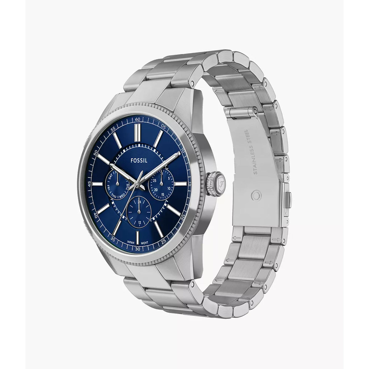 Fossil Pearson FS6134 angled front view showing blue dial with steel case profile and bracelet