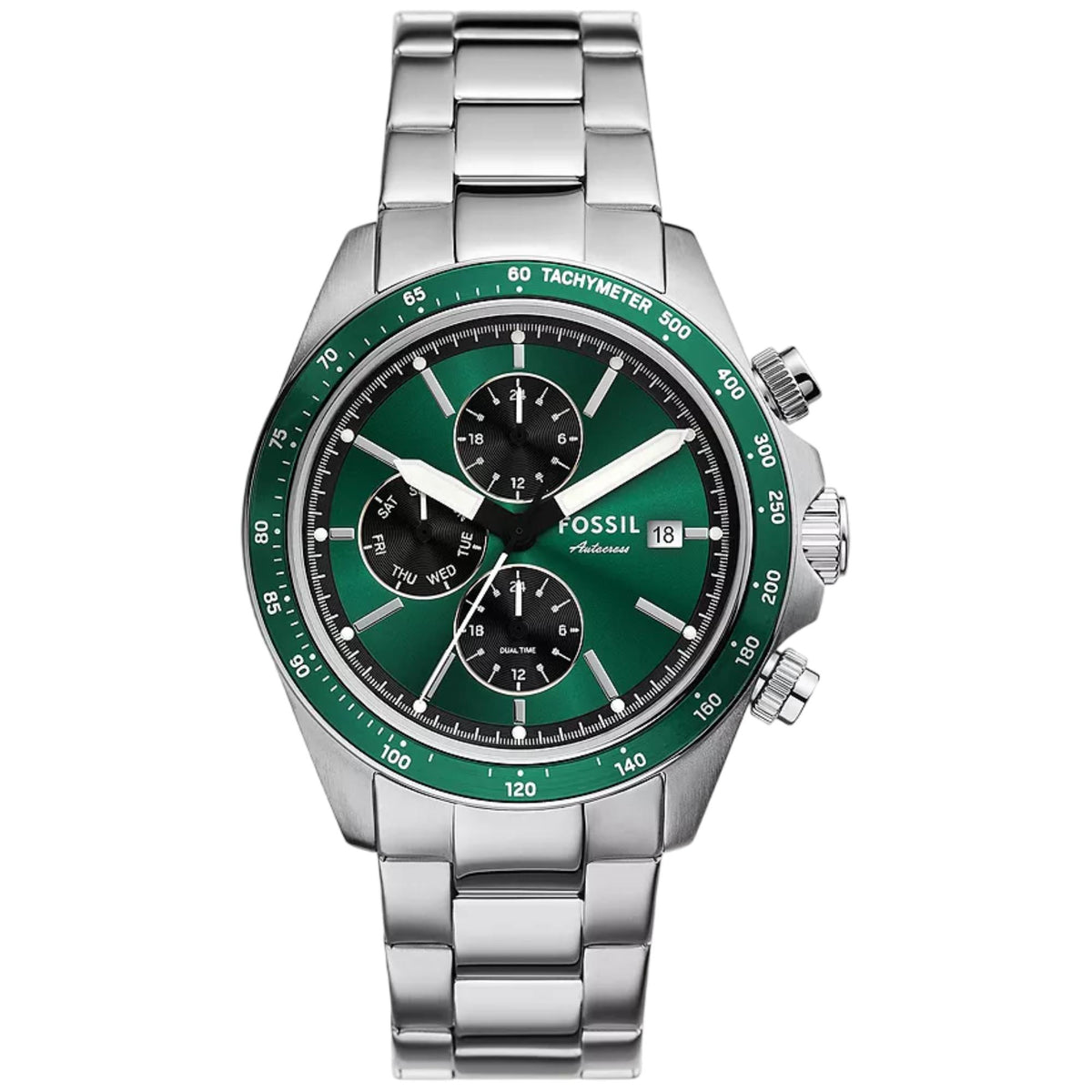 Fossil Autocross FS6127 mens quartz chronograph watch with a green dial, green tachymeter bezel, sub-dials, and stainless steel link bracelet