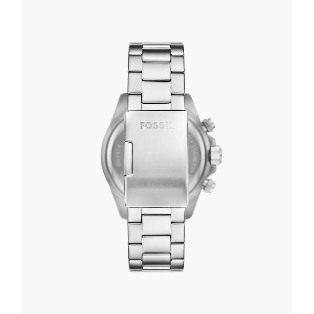 Back view of the Fossil Autocross FS6127 watch highlighting the brushed stainless steel bracelet, fold-over clasp, and engraved brand logo