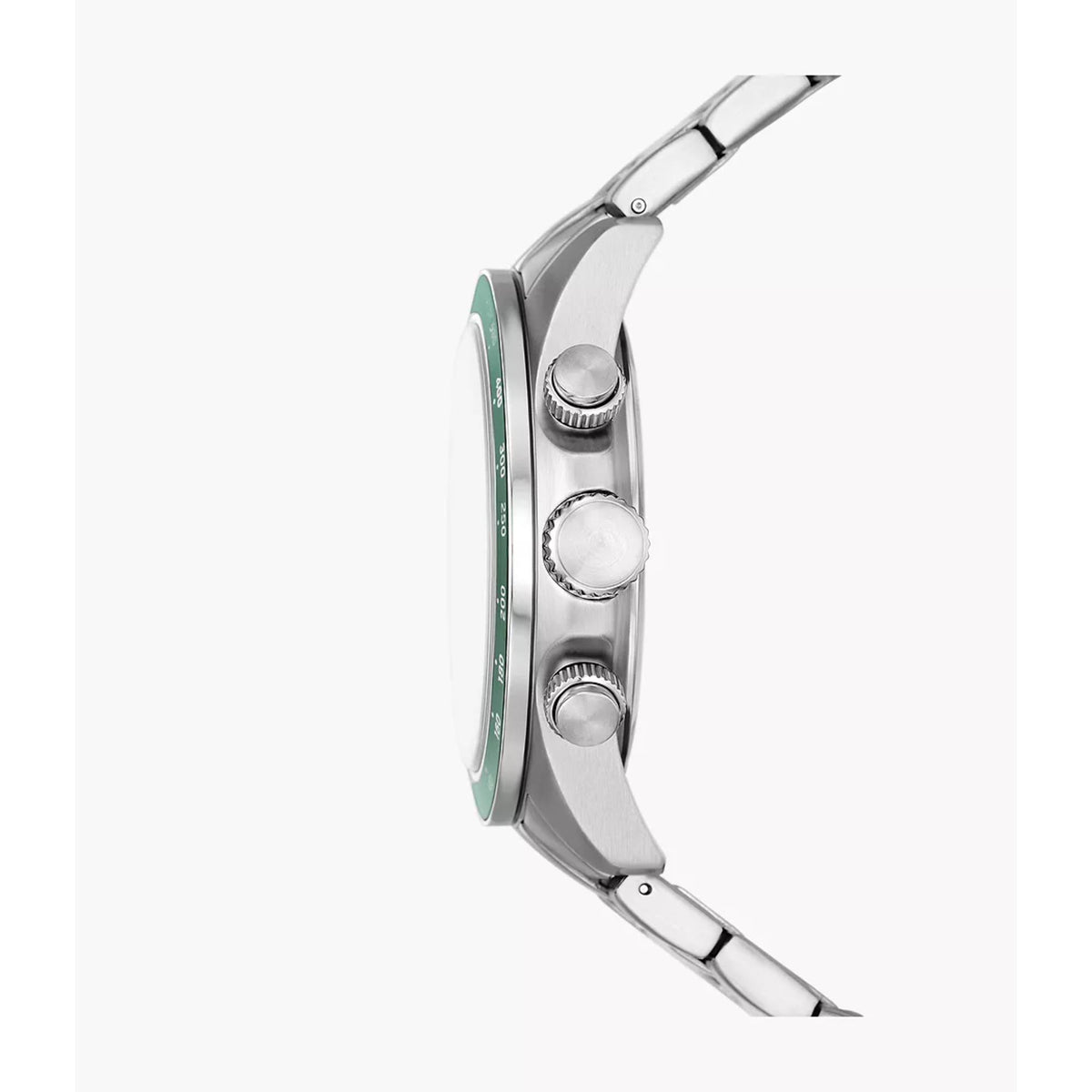 Side angle of the Fossil Autocross FS6127 wrist watch showcasing the stainless steel case, textured crown, twin chronograph pushers, and green bezel edge