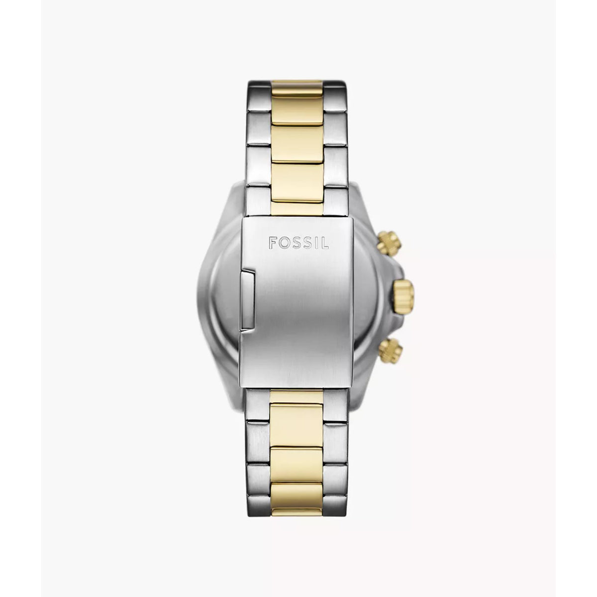 Back angle of the Fossil Autocross FS6126 watch highlighting the brushed two-tone bracelet and fold-over clasp with engraved branding