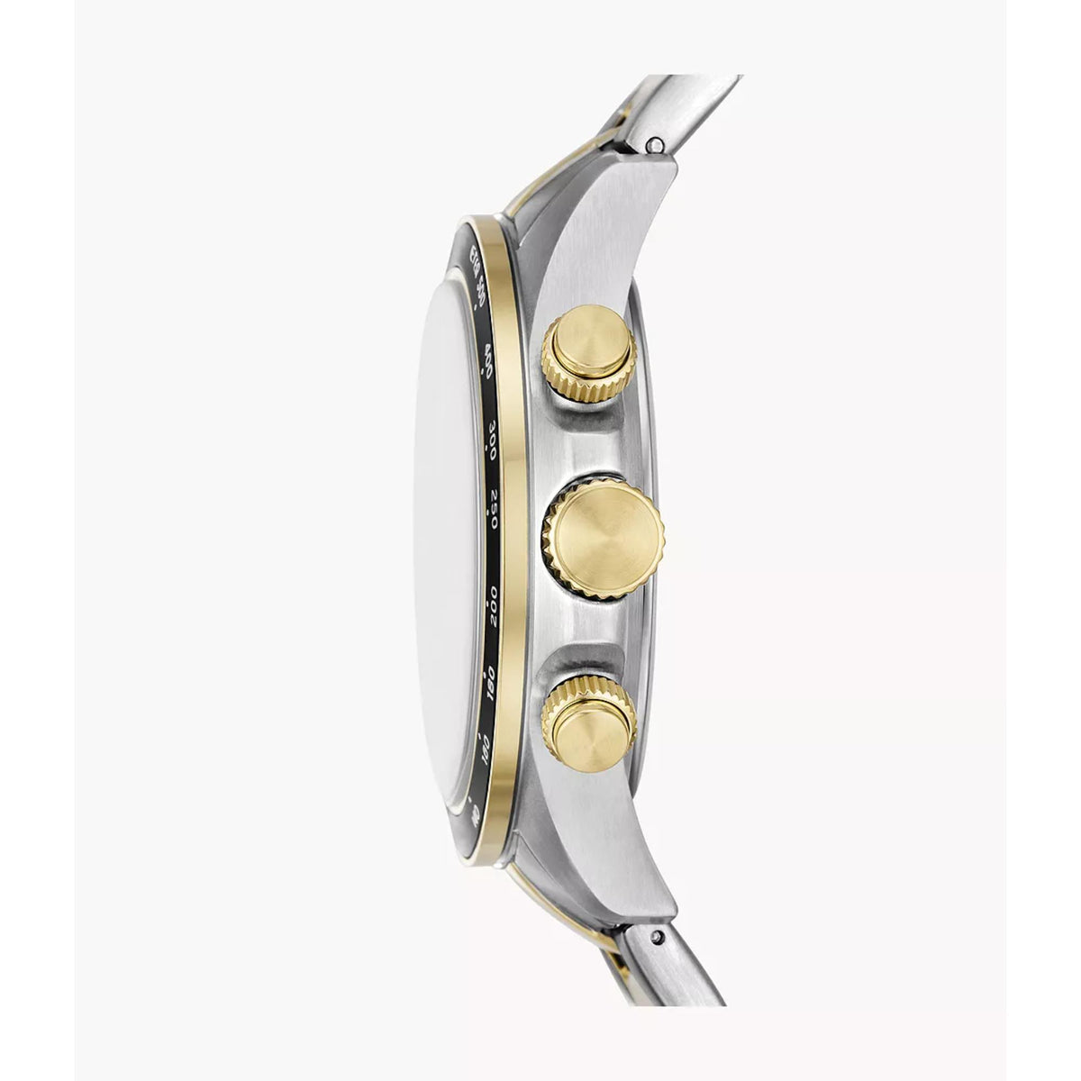 Side view of the Fossil Autocross FS6126 wrist watch showcasing the stainless steel case, gold-tone crown, and twin chronograph pushers