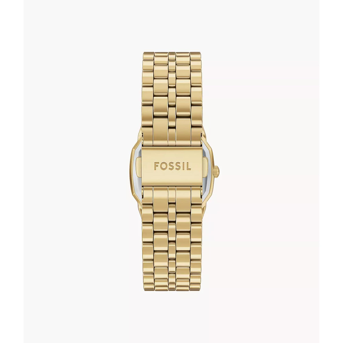 Ladies quartz watch with black dial, gold-tone steel bracelet, side view