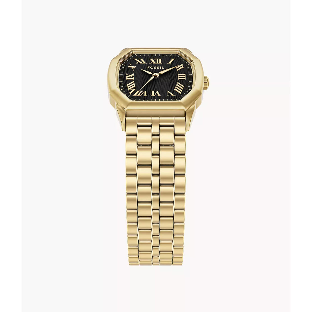 Octagonal quartz watch with black dial, Roman numerals, gold-tone linked bracelet