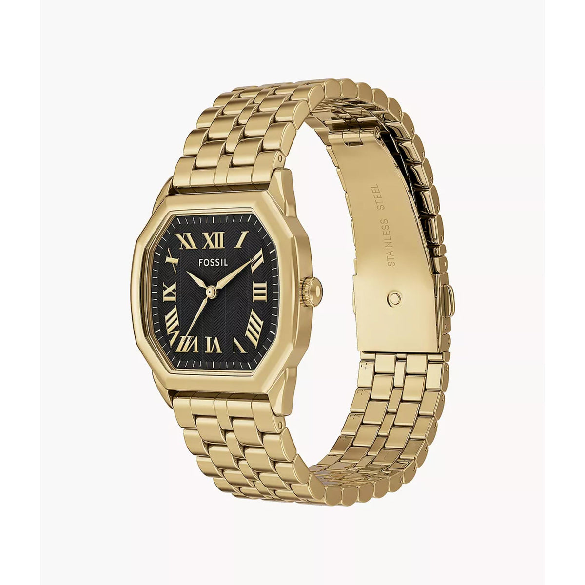 Ladies quartz watch with black dial, Roman numerals, gold-tone bracelet, angled view