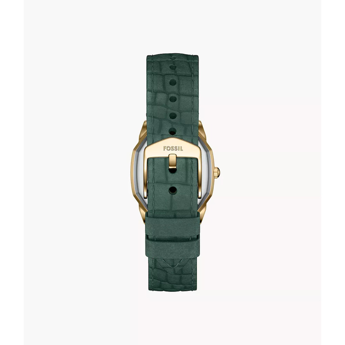 Women’s quartz wristwatch with dark green leather strap and gold-tone octagonal case