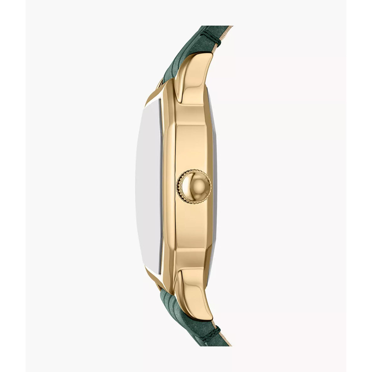 Women’s quartz watch side view with gold-tone case and dark green leather strap