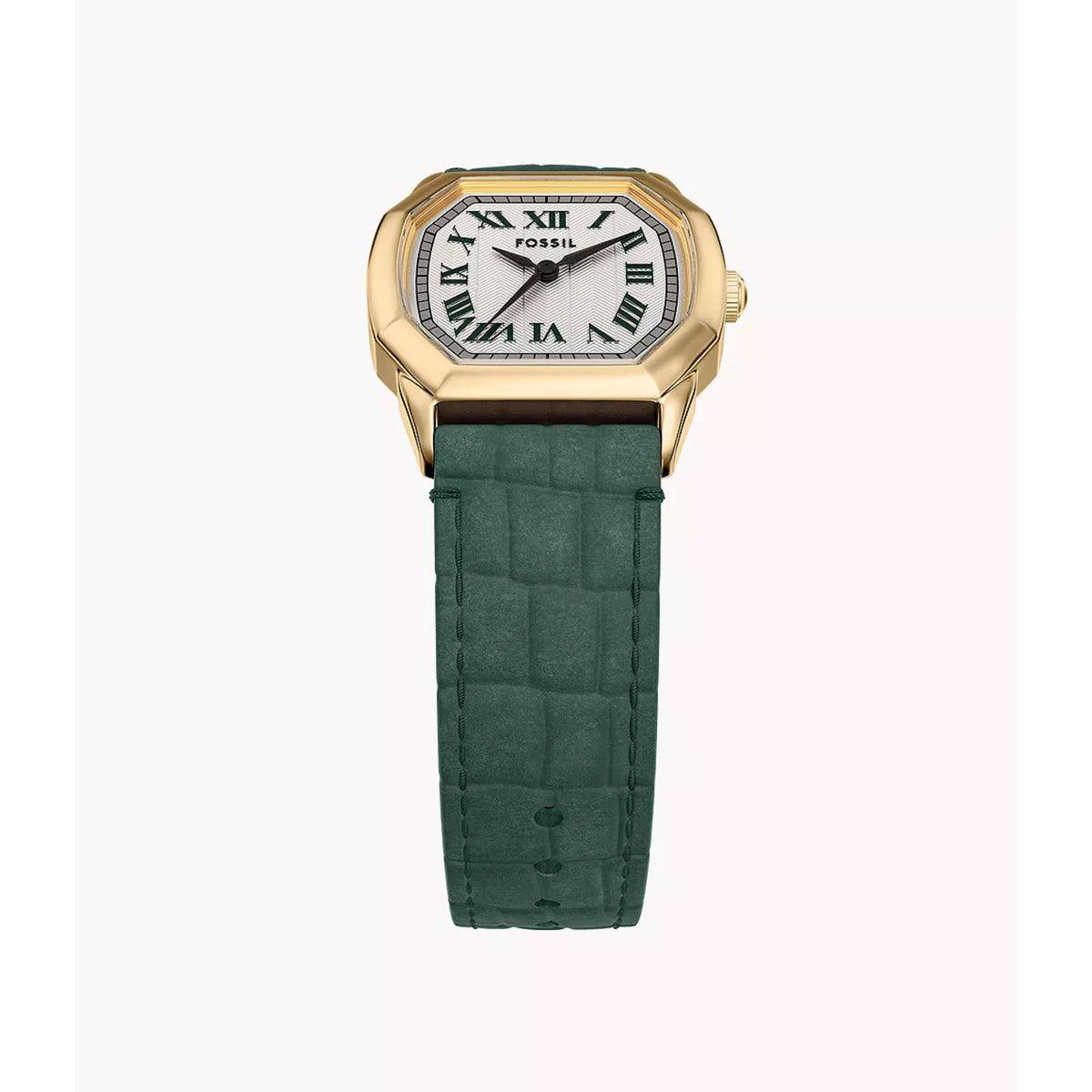 Women’s quartz wristwatch with cream dial, Roman numerals, gold-tone case, dark green strap