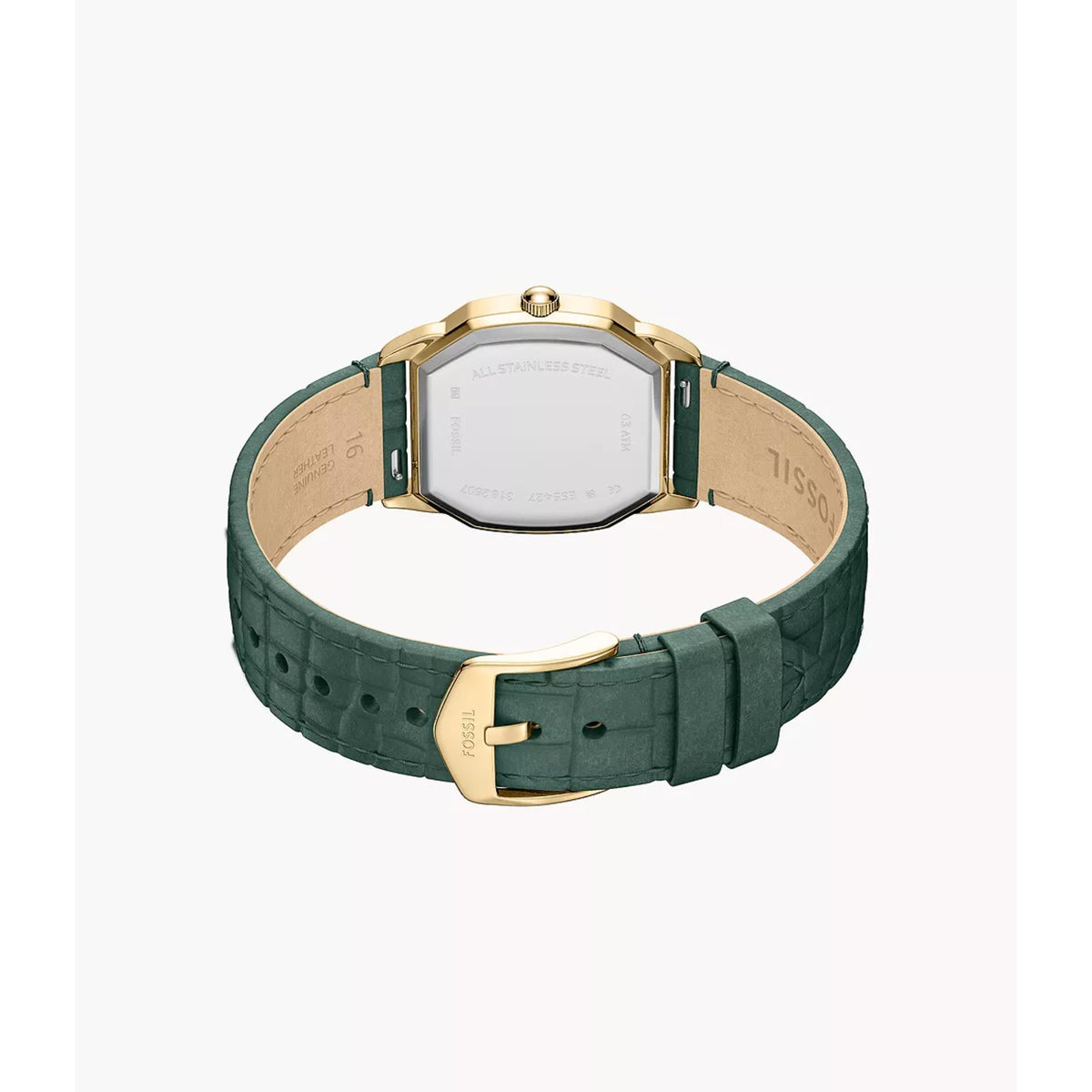 Women’s quartz watch back view with dark green leather strap and gold-tone buckle
