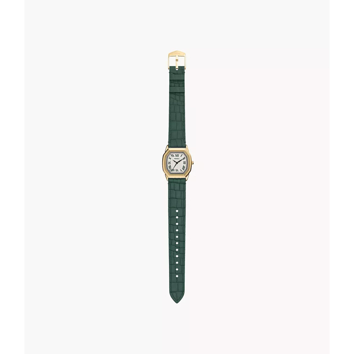 Women’s quartz wristwatch hanging view with dark green leather strap and cream dial
