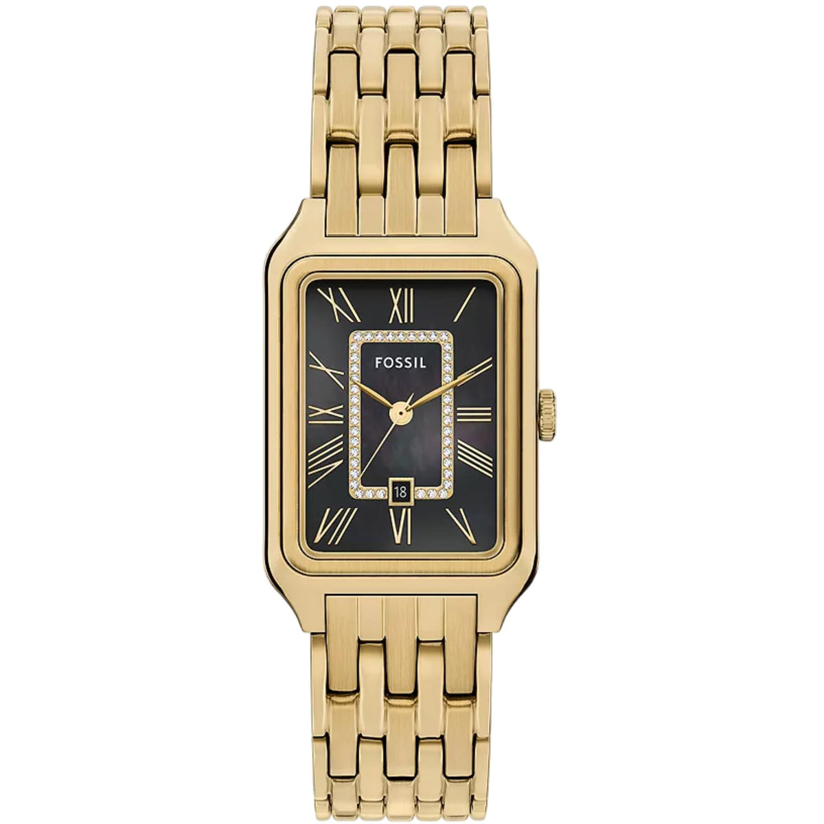 Fossil Raquel ES5417 front view displaying black mother of pearl dial with crystal inner ring and steel link bracelet