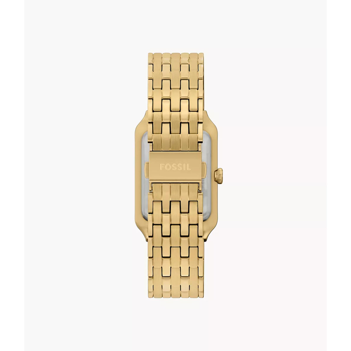 Fossil Raquel ES5417 rear view displaying branded folding clasp and link bracelet strap