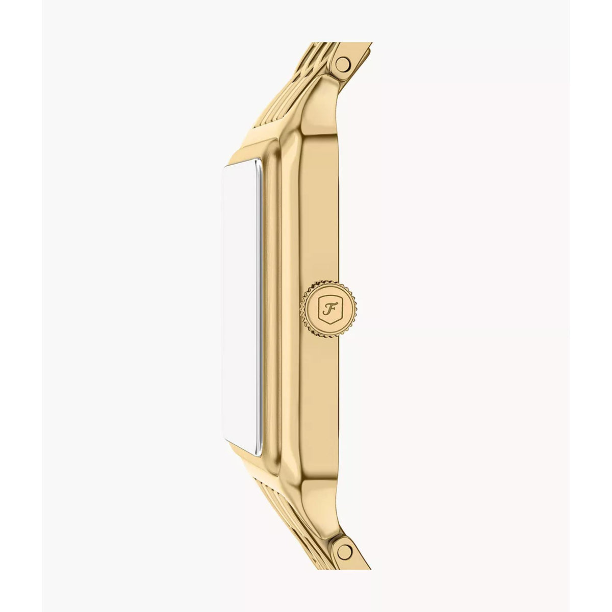 Fossil Raquel ES5417 side profile showing textured crown with engraved logo and slim case