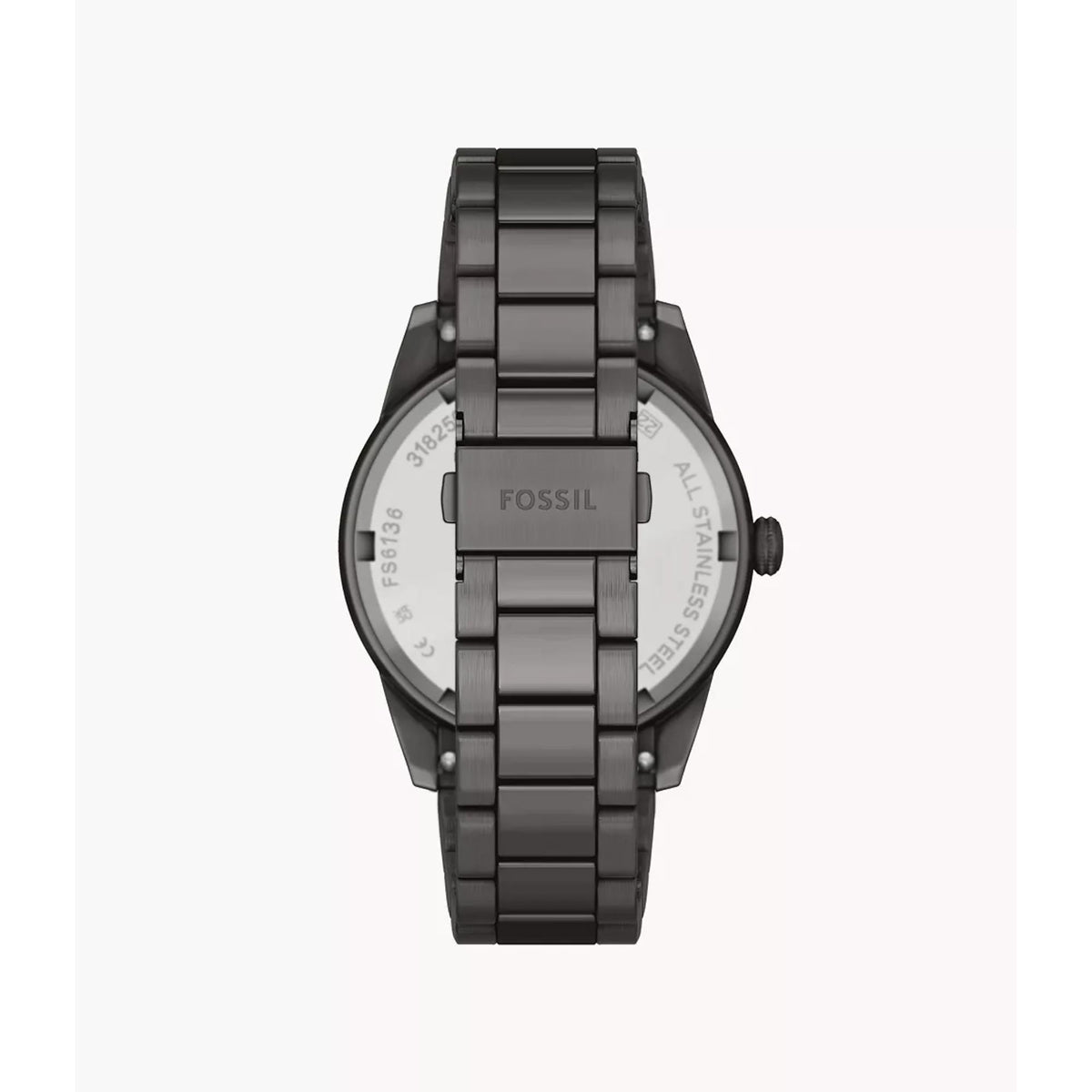 Back view of the Fossil Pearson FS6136 timepiece showing the stainless steel bracelet clasp and case back