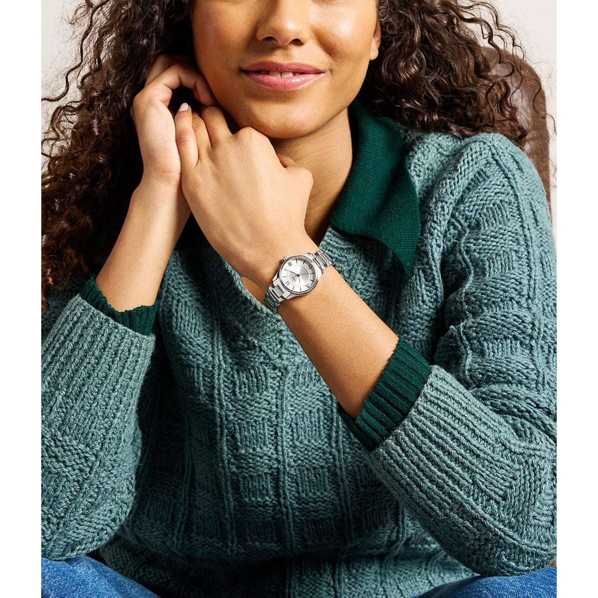 Silver-tone steel ladies quartz watch with round face and silver dial