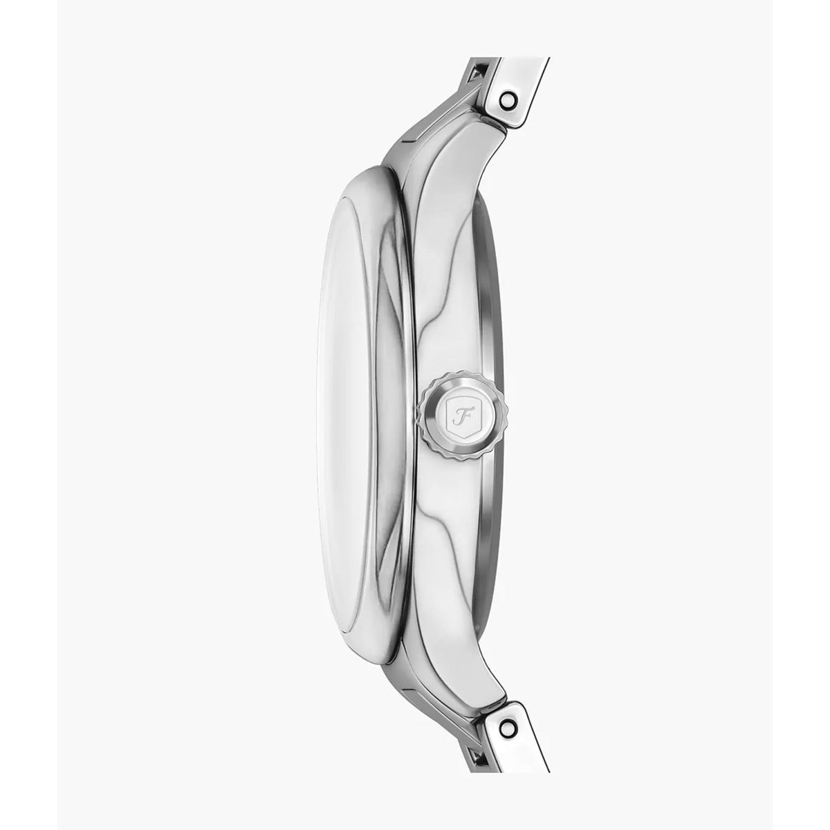 Silver-tone steel watch case with crown and close-up side profile