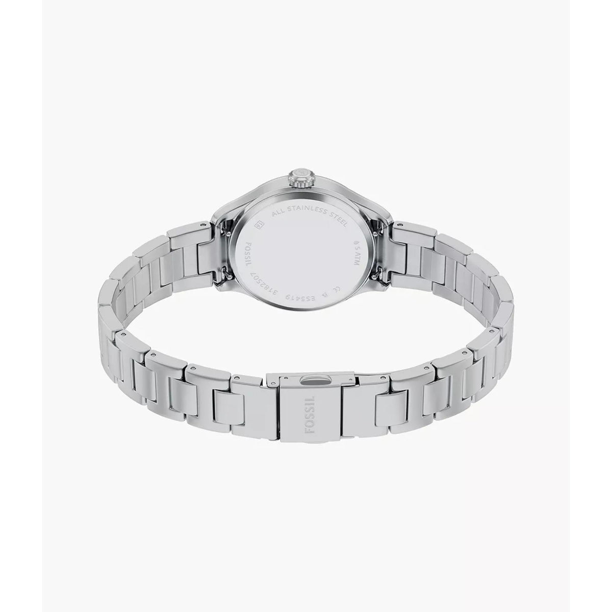 Silver-tone steel bracelet wristwatch with case back visible
