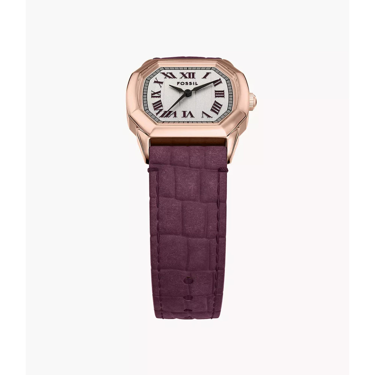 Square rose gold ladies quartz watch with white dial, Roman numerals, dark purple leather strap