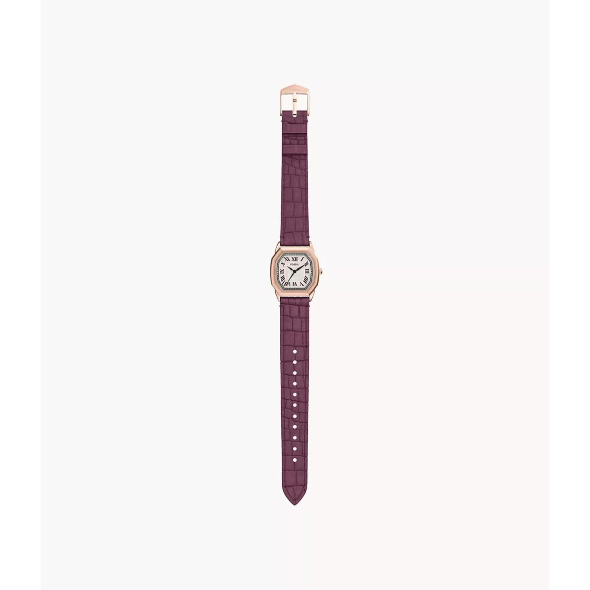 Full-length view of dark purple leather ladies quartz watch strap with rose gold case