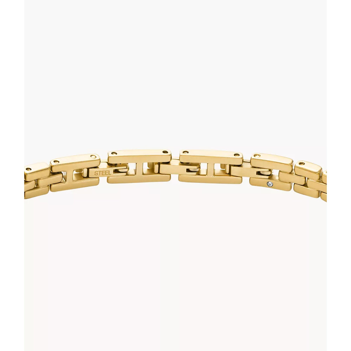 Gold-tone stainless steel bracelet links with engraved bar and small blue detail