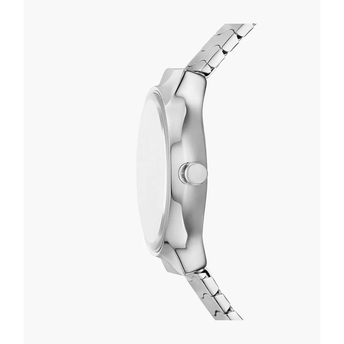 Women's steel watch case with link bracelet, side profile view