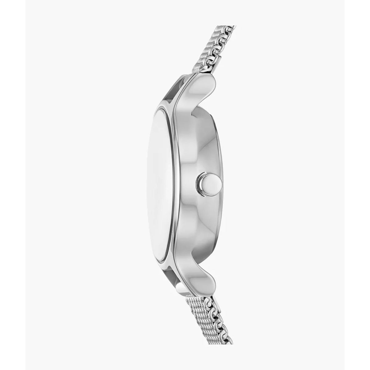 Silver Skagen watch case with crown and mesh steel bracelet, profile view
