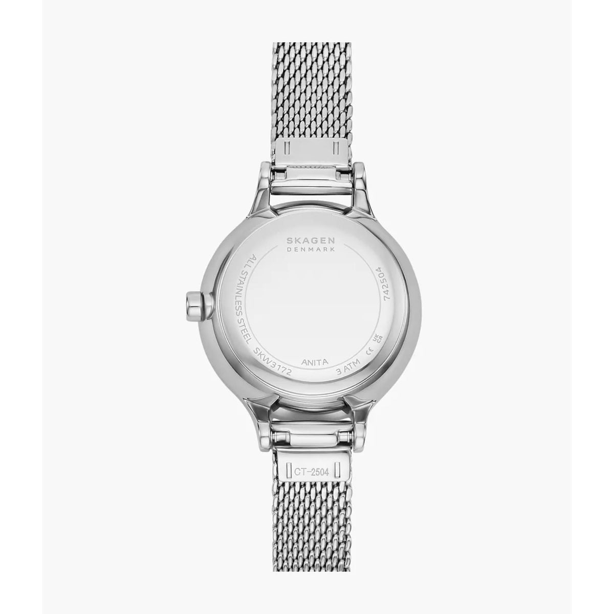 Skagen watch case back with mesh steel strap and clasp, front-back view