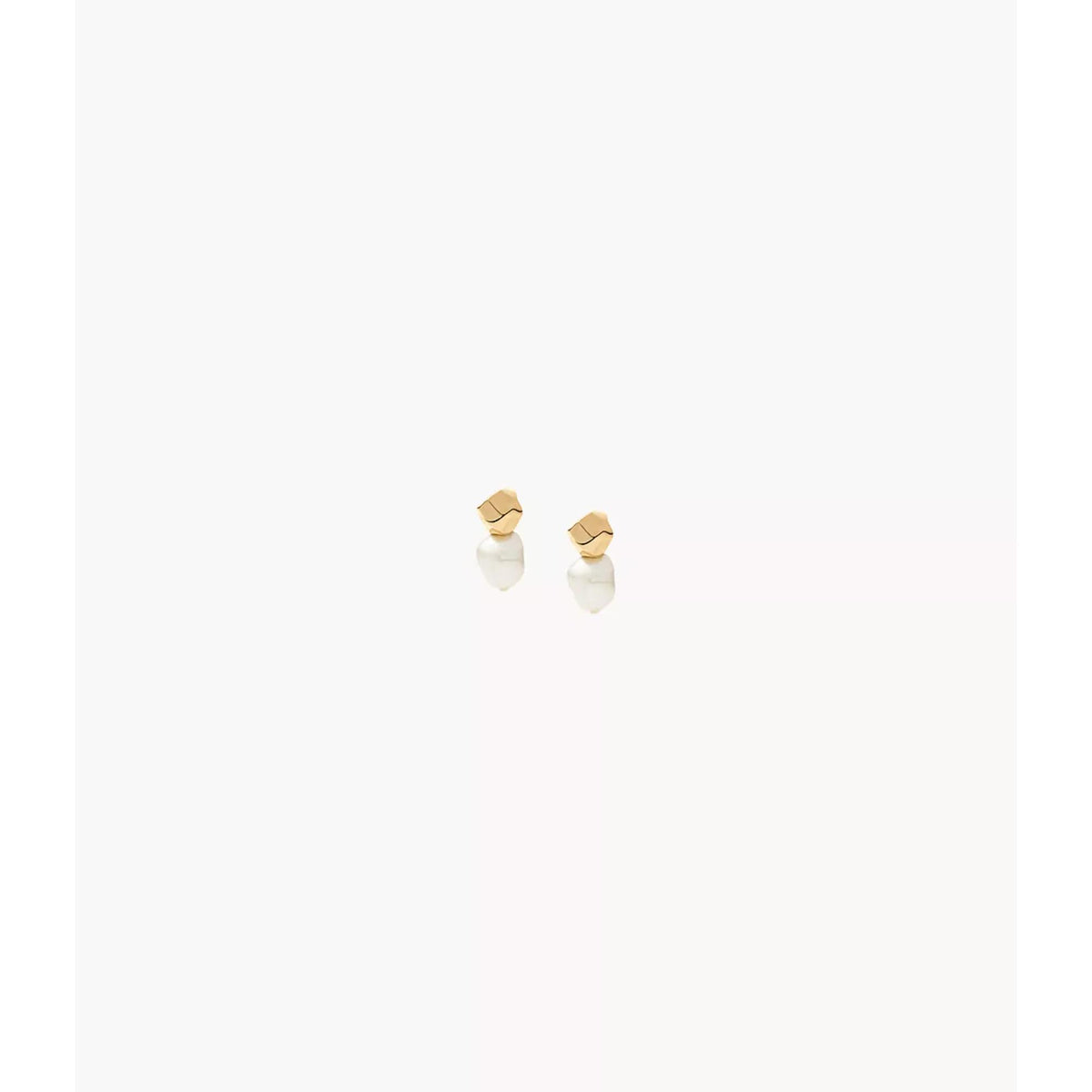 Gold-tone and white pearl stud earrings with silver posts, square top detail