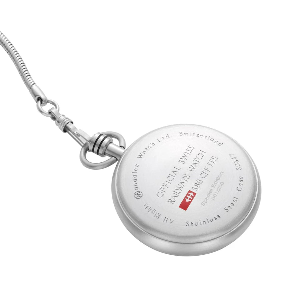 Silver-tone pocket watch case back with engraved text, attached to metal chain