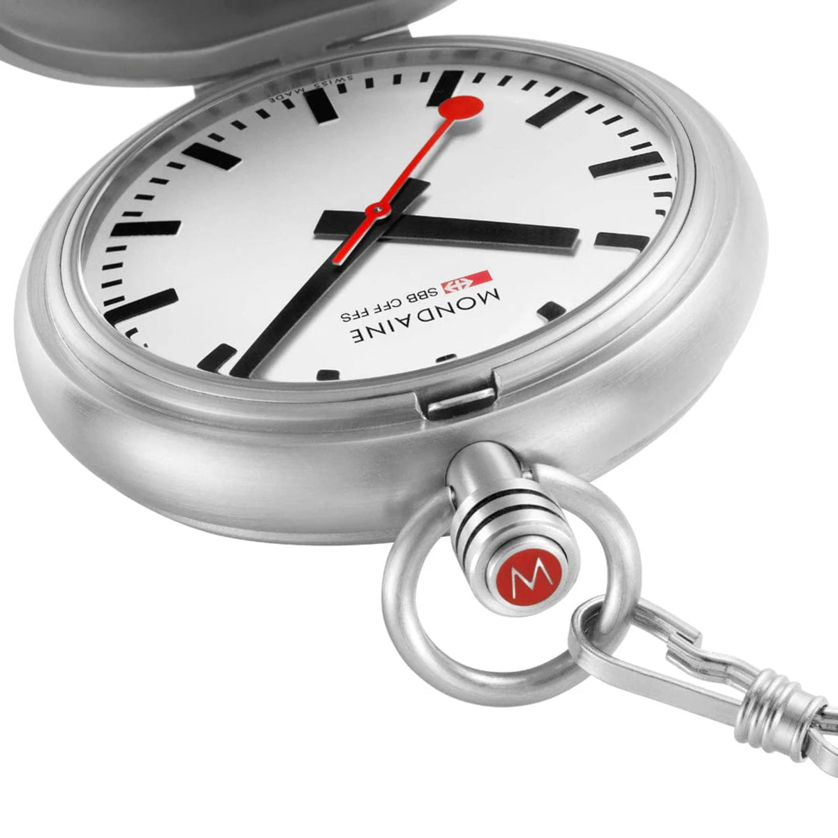 Silver-tone pocket watch face close-up with black markers and red second hand