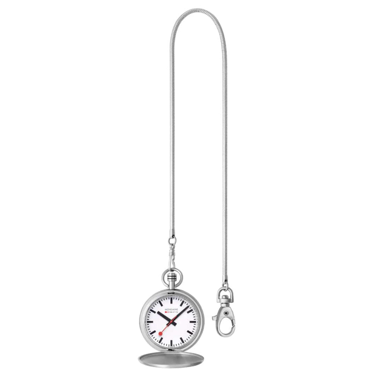 Silver-tone pocket watch with white dial and red accents on extended chain