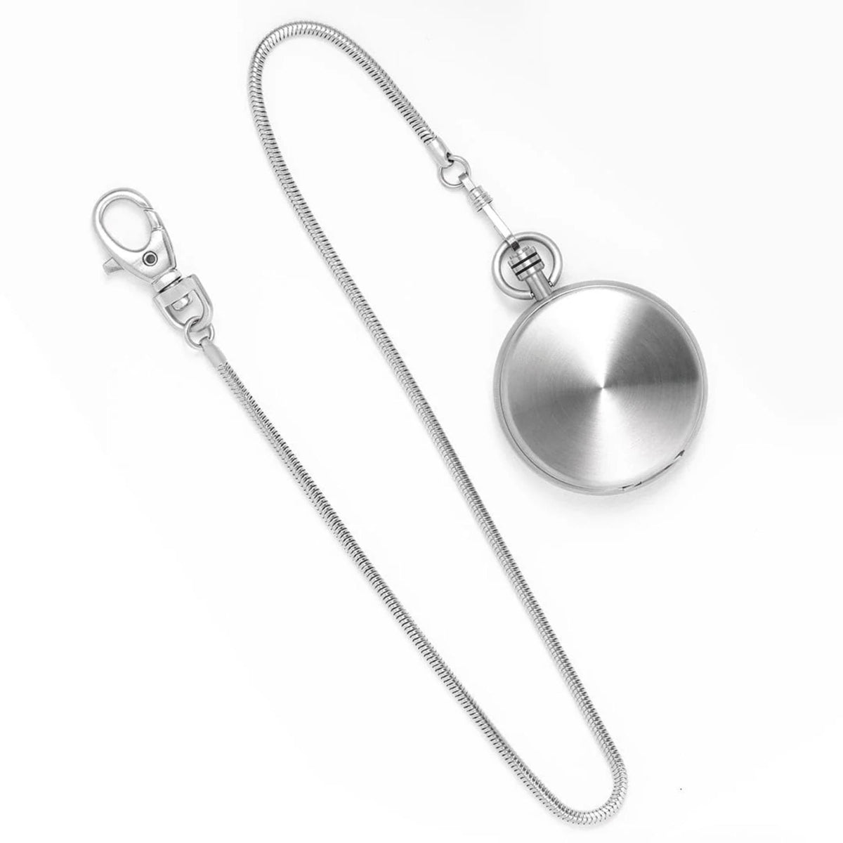 Silver-tone pocket watch on chain with round smooth case cover