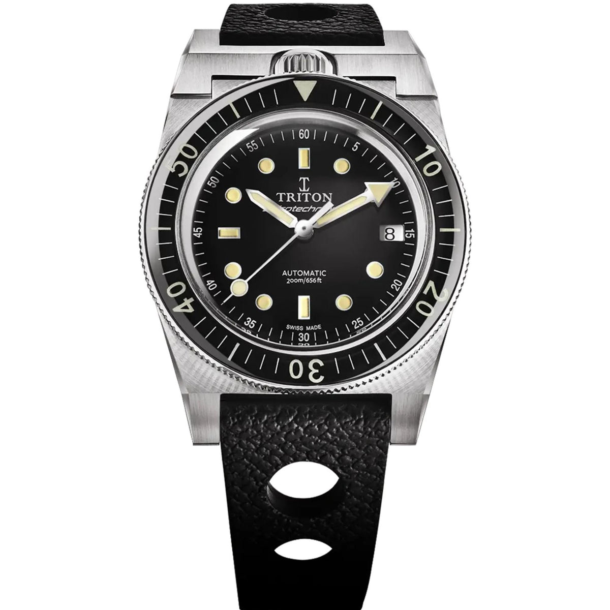 Men's black dial automatic dive watch with steel case and black rubber strap