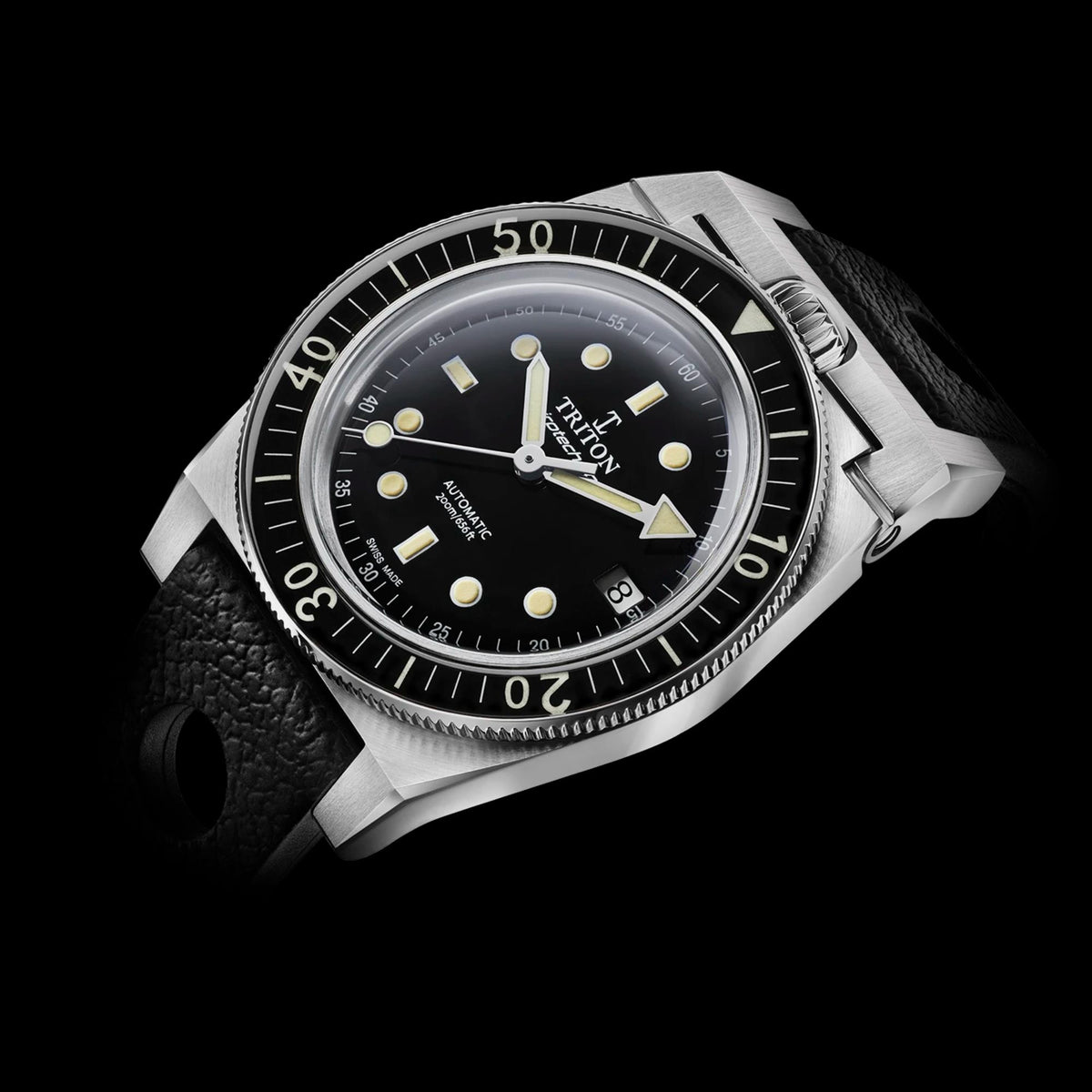 Men's black dial dive watch, angled view, steel case with black rubber strap