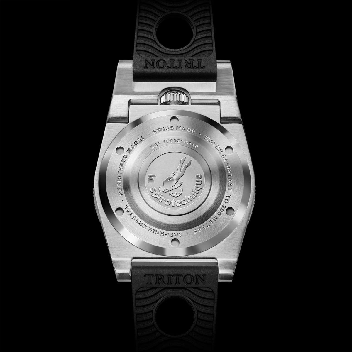 Men's dive watch caseback with Triton logo on steel back, black rubber strap