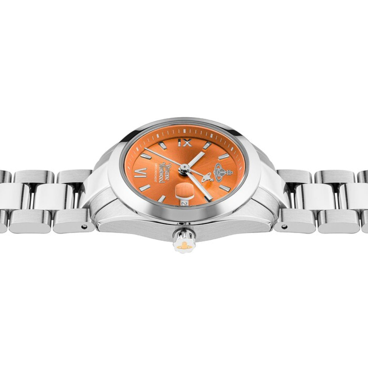 Women’s quartz watch with orange dial and stainless steel bracelet, silver crown