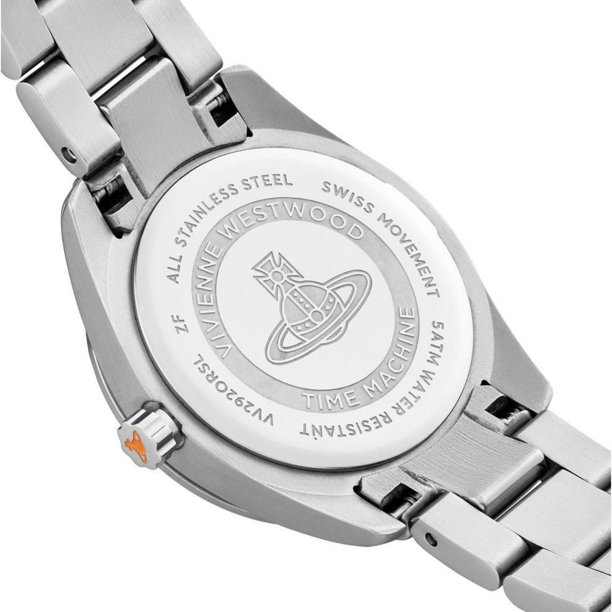 Stainless steel watch caseback with engraved markings and link bracelet visible