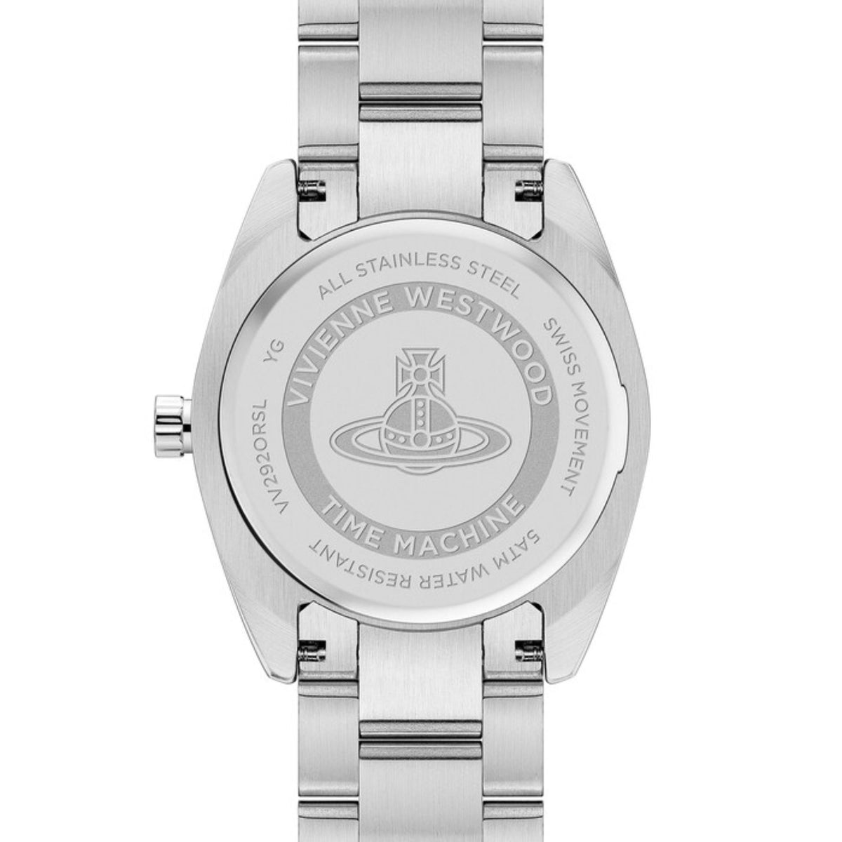 Stainless steel watch back with Vivienne Westwood logo and engraved text
