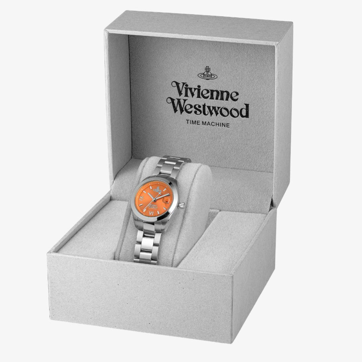 Vivienne Westwood watch in gift box, orange dial and stainless steel bracelet shown