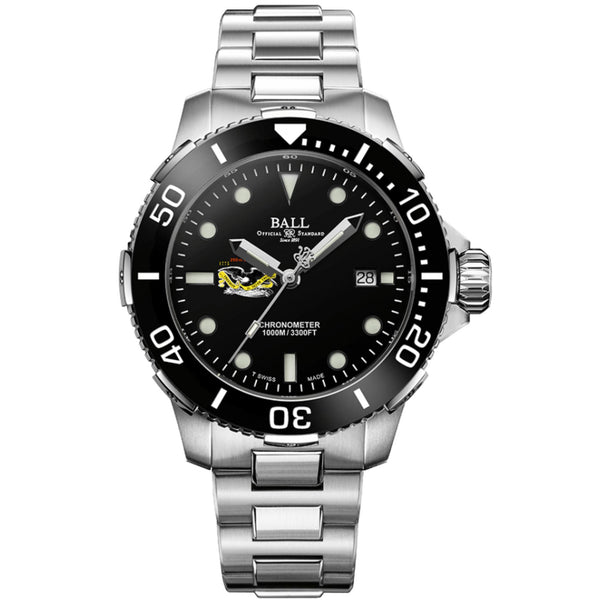 Men's diving watch with black dial, steel bracelet, and black bezel with minute markers