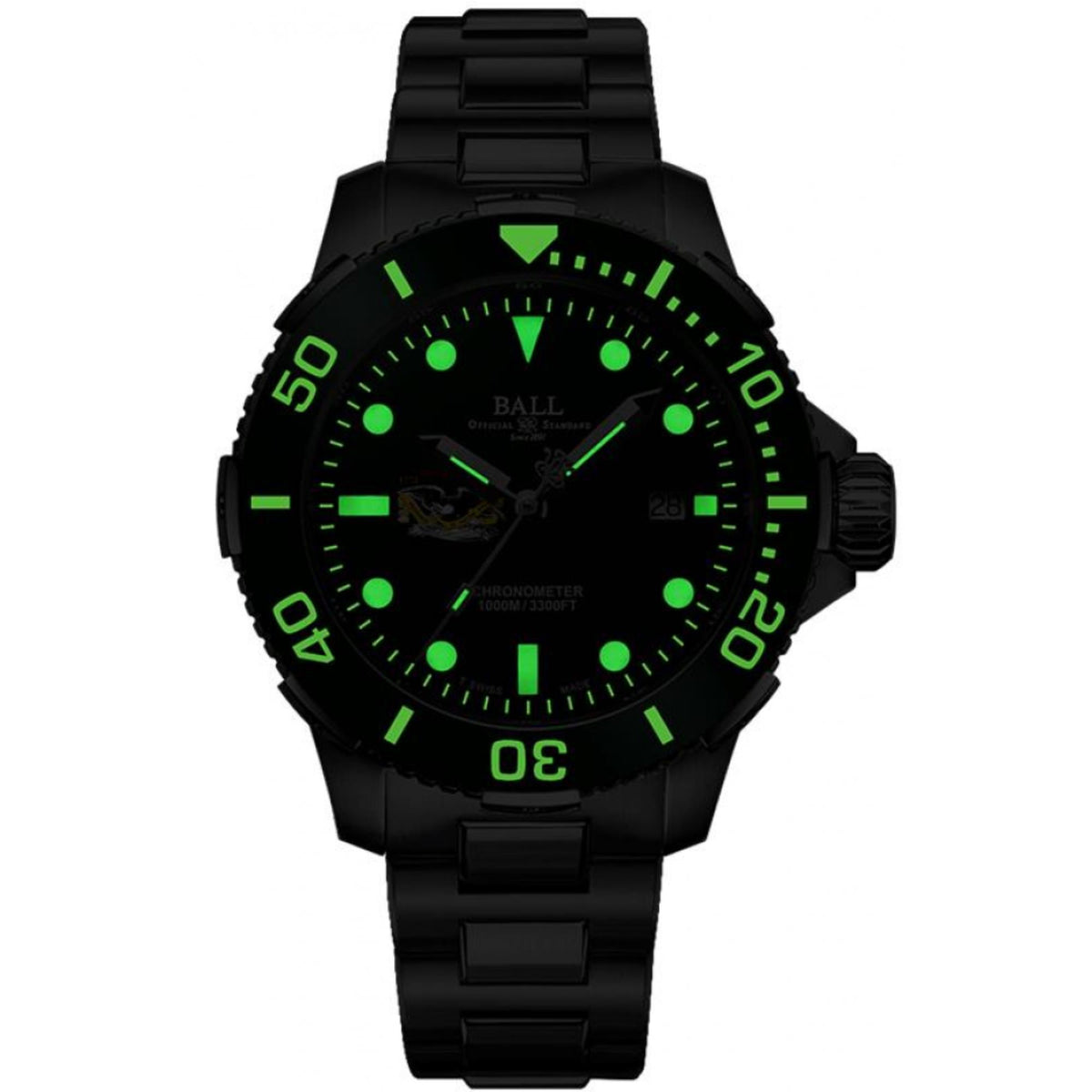 BALL Engineer Hydrocarbon watch DM3002A-S10C-GR with glowing green lume markers and hands