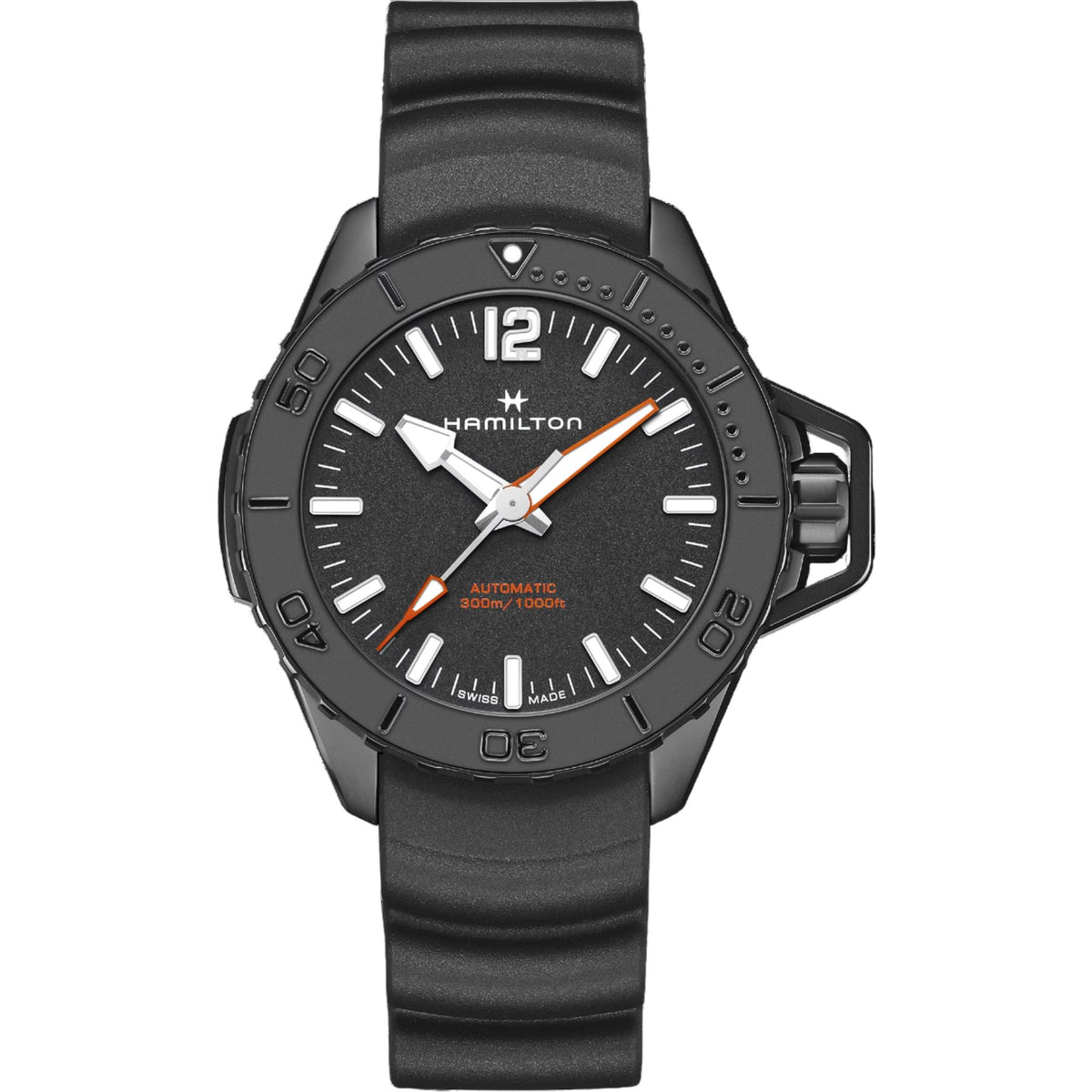 Hamilton Khaki Navy 46mm black dial rubber mens automatic watch H77855330 displayed front-on against a white background